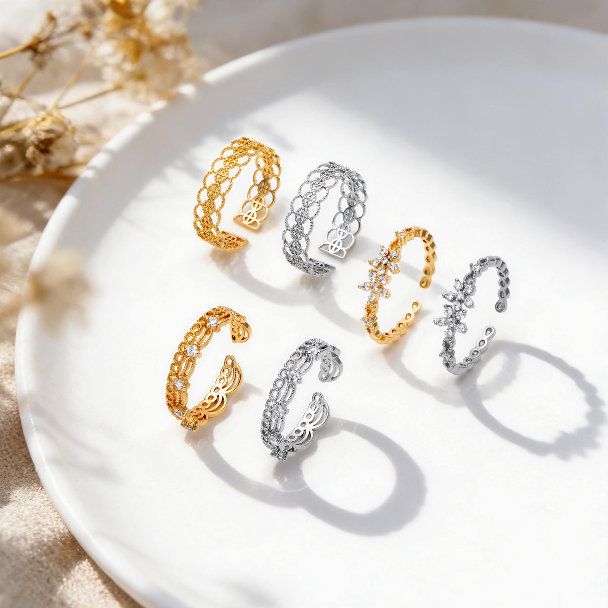 4pcs Gold/ Silver Tone Lace Finger Ring, Gold/ Rhodium plated Brass, Gift for Her, Stackable Ring, Minimalist Ring(#JZ-001)