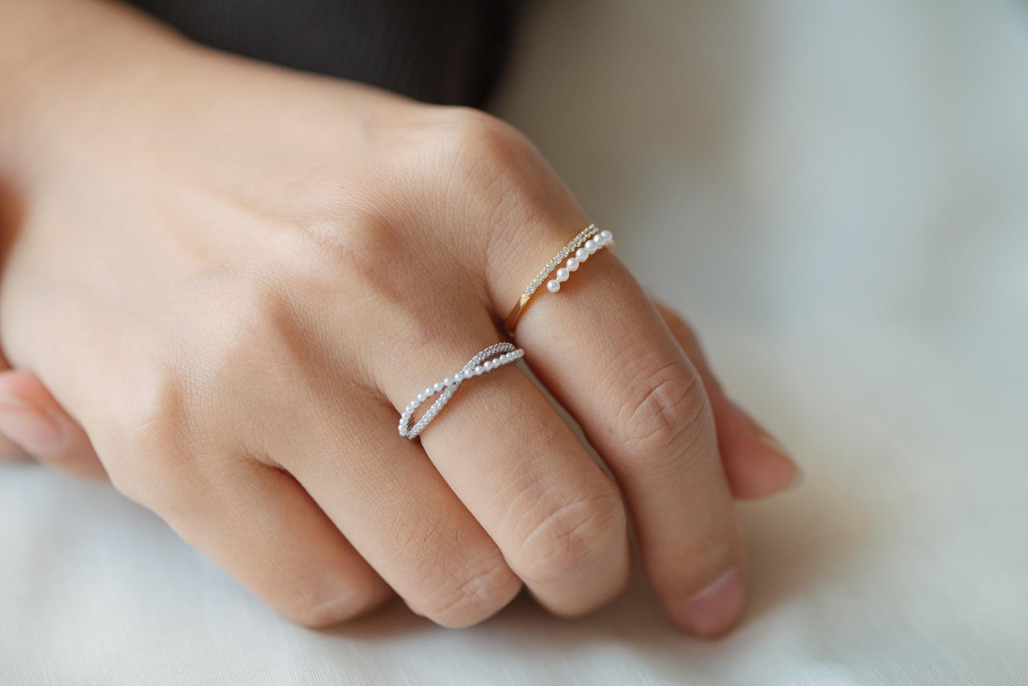 4pcs CZ Pave Finger Ring, Faux Pearl Ring, Gold/ Rhodium plated Brass, Gift for Her, Dainty Ring, Adjustable Ring (#JZ-016)