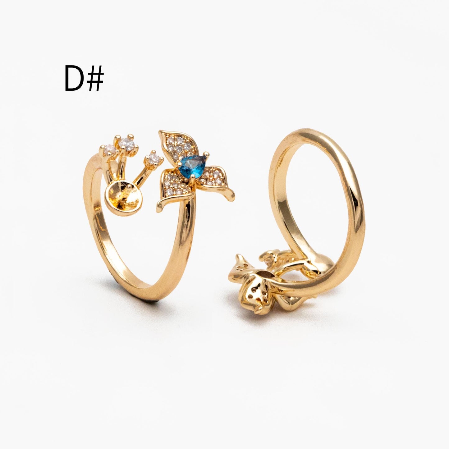 4pcs CZ Pave Gold Flower Ring, Butterfly Ring, Adjustable Ring Mounting, Pearl Ring Setting (#JZ-019)