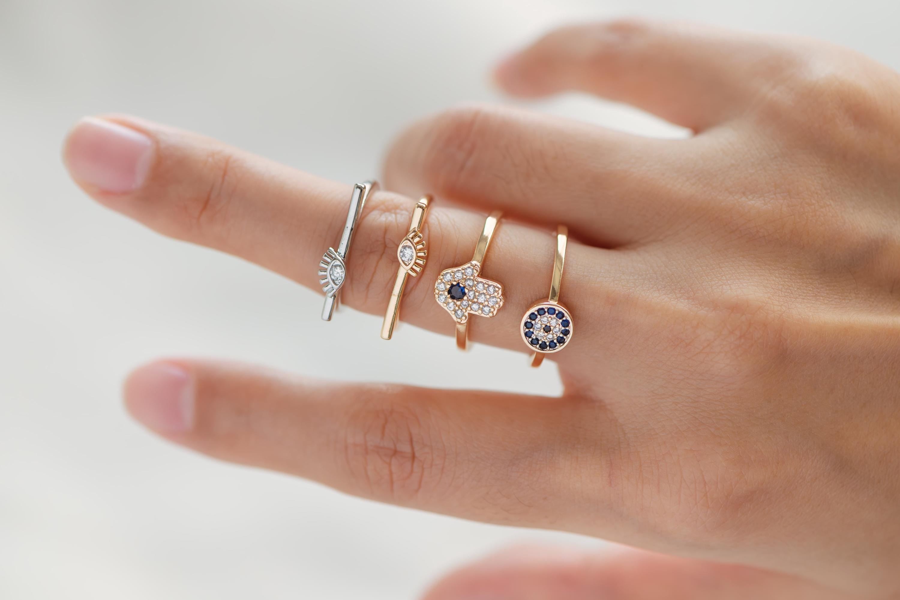 4pcs CZ Pave Gold/ Silver Tone Eye Ring, Hamsa Ring, Thin Ring, Everyday Ring, Fashion Rings, Dainty Rings, Adjustable Ring (#JZ-026)