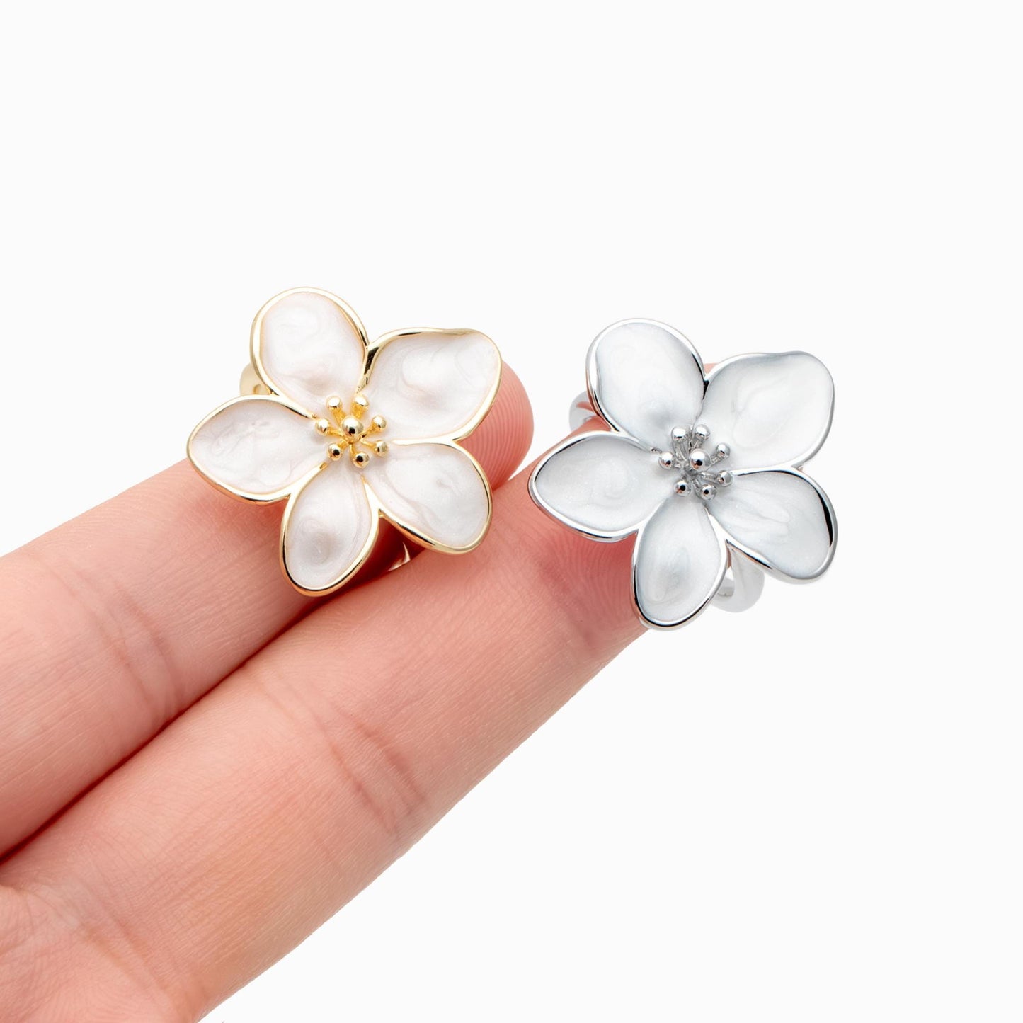 4pcs Gold/ Silver Enamel White Flower Ring, Everyday Ring, Dainty Rings, Adjustable Ring (#JZ-012)
