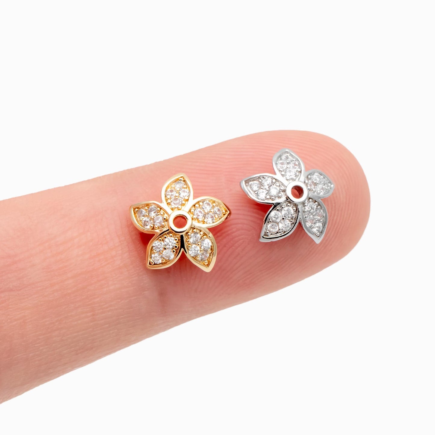 10pcs CZ Pave Gold/ Silver Flower Bead Caps 10mm, Real Gold/ Rhodium plated Brass, Lead Nickel Free (GB-4645)