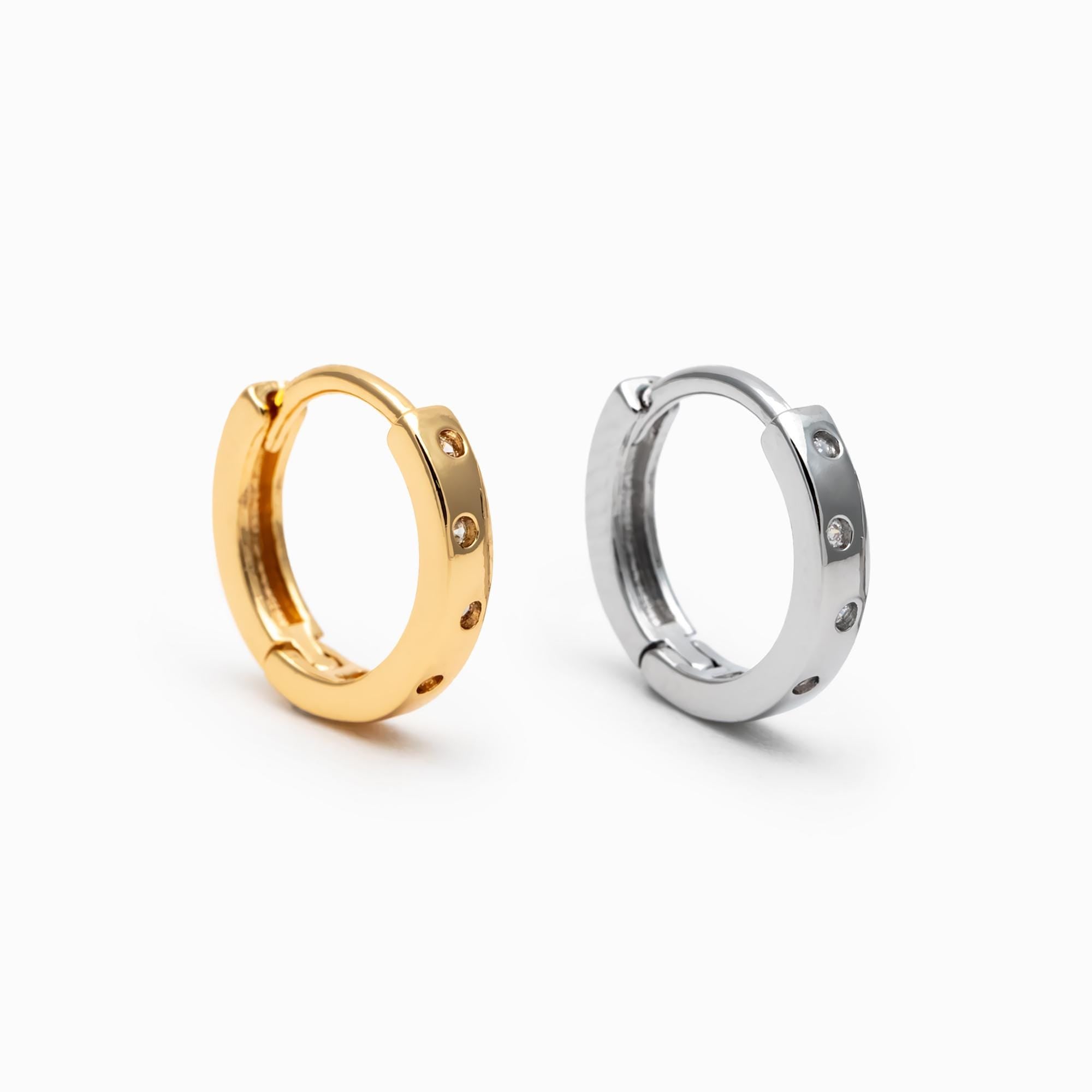 4pcs CZ Pave Gold/ Silver Hoop Earrings, 11mm, 18K Real Gold/ Rhodium plated Brass, Dainty Huggie Earrings, Minimalist Earrings (GB-4732)