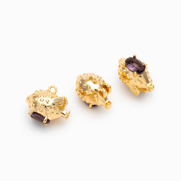4pcs Purple CZ Pave Gold Globefish Charms, Gold Plated Brass, Fish Pendants (GB-4745)