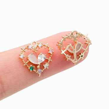 4pcs CZ pave Gold Heart Pendants 14.5x14mm, 18K Gold plated Brass, Rhinestone Heart Charms (GB-2782-I)