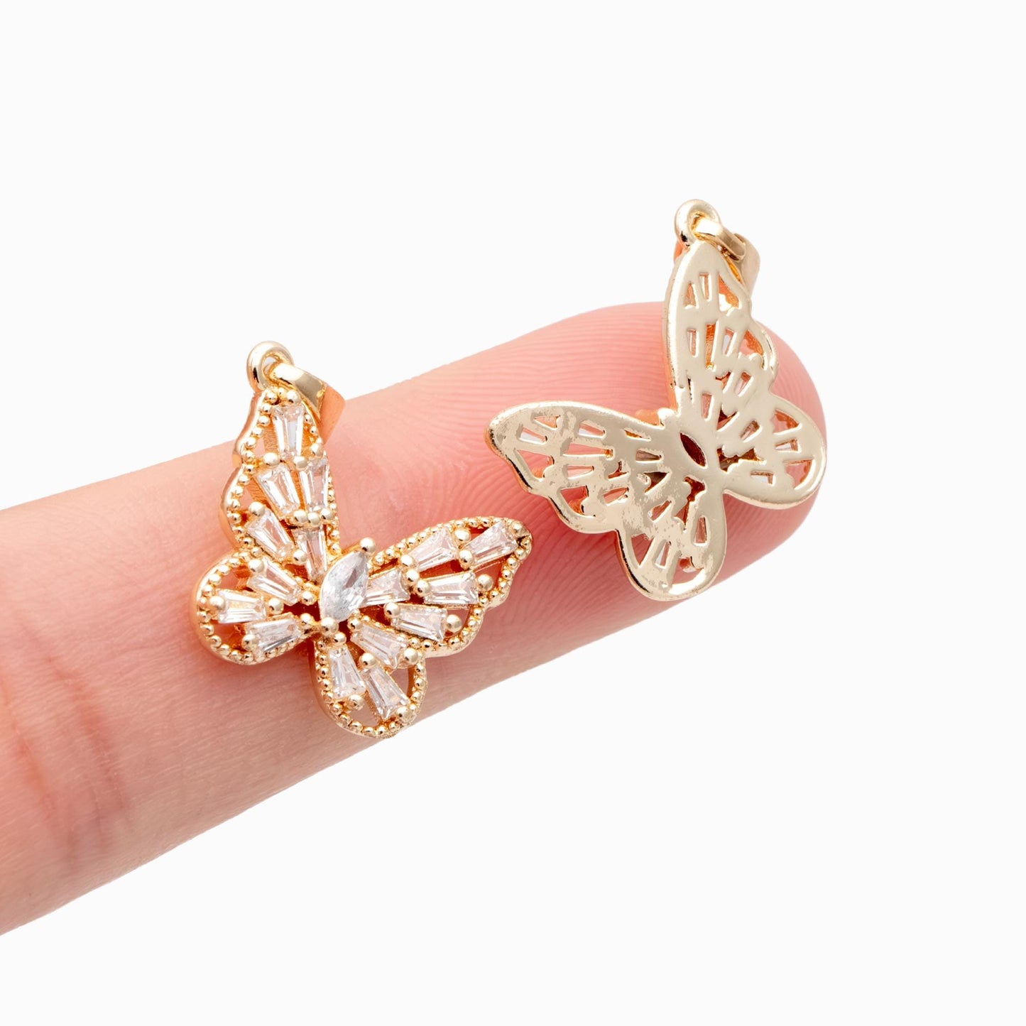 4pcs Gold plated Brass Hollow Butterfly Charms, CZ pave Butterfly Filigree Pendants (GB-3561-B)