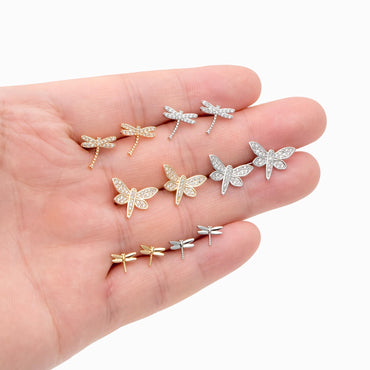 4pcs Gold/ Silver Dragonfly Earrings, Dianty Dragonfly Ear Studs, Jewelry Supplies (GB-3892)