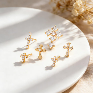 4pcs CZ Pave Gold Cross Earrings, Gold Plated Brass Dainty Cross Stud Earring (#GB-3637)