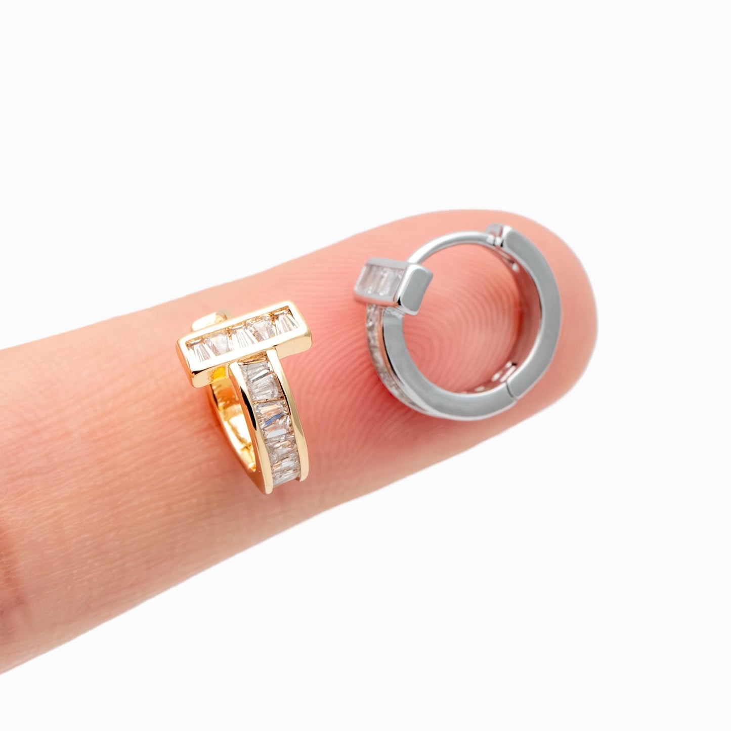 4pcs CZ Pave Hoop Earrings, Gold/ Silver tone Rectangle Huggie Earrings (GB-4730)