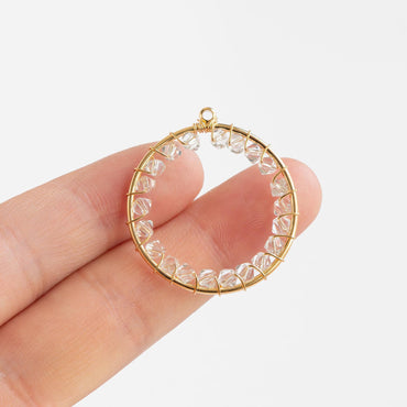 10pcs Gold Beaded 31x33mm Round Loop Charms, Wired Crystal Beads Geometric Hoop Pendants, Dangle Earring Components (GB-552-G)