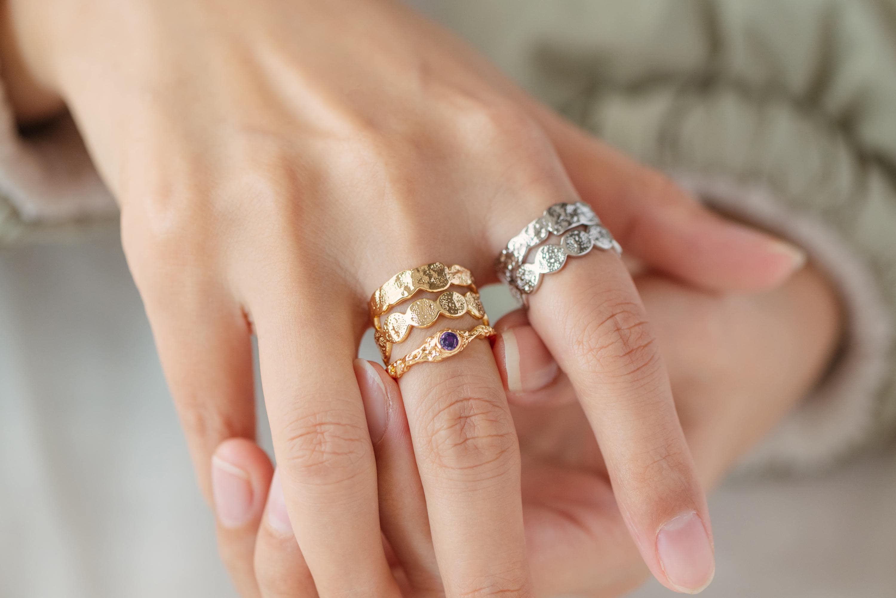 4pcs Gold/ Silver Hammered Ring, Purple CZ Ring, Stacking Ring, Statement Ring, Adjustable Ring (#JZ-030)