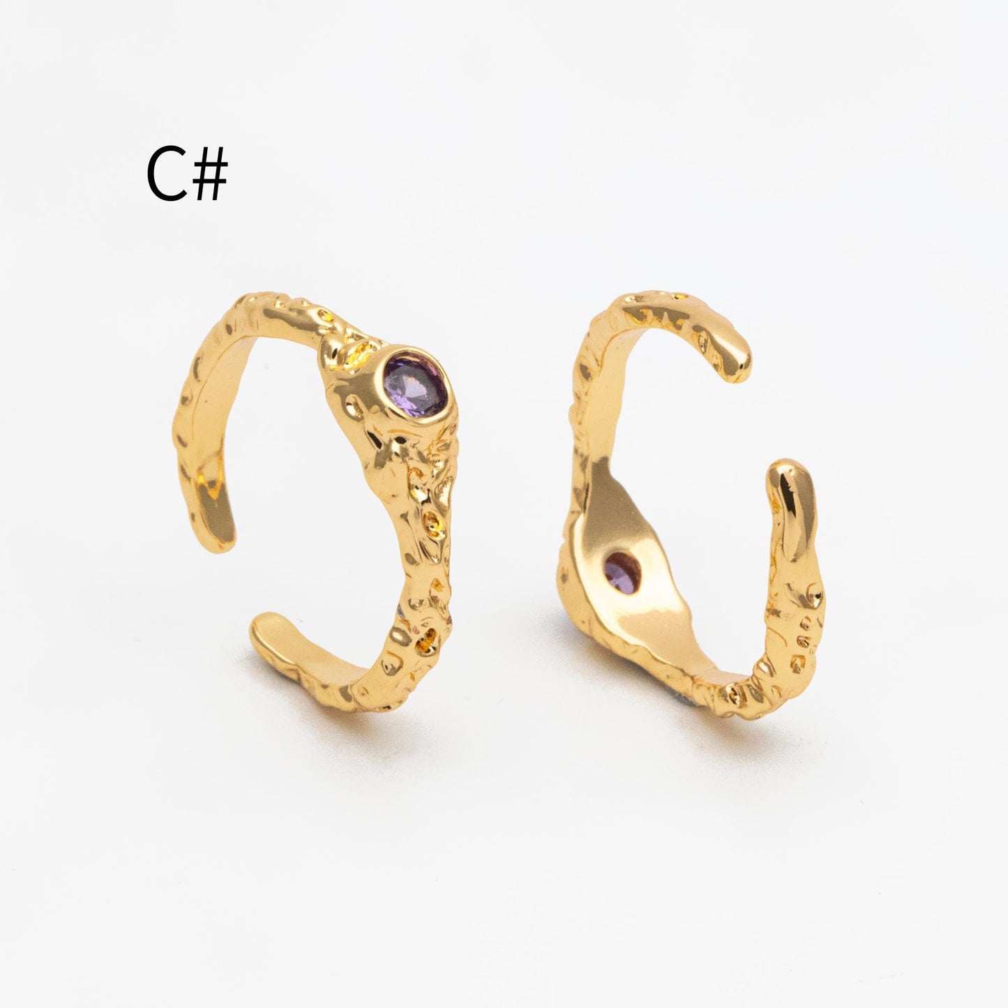 4pcs Gold/ Silver Hammered Ring, Purple CZ Ring, Stacking Ring, Statement Ring, Adjustable Ring (#JZ-030)