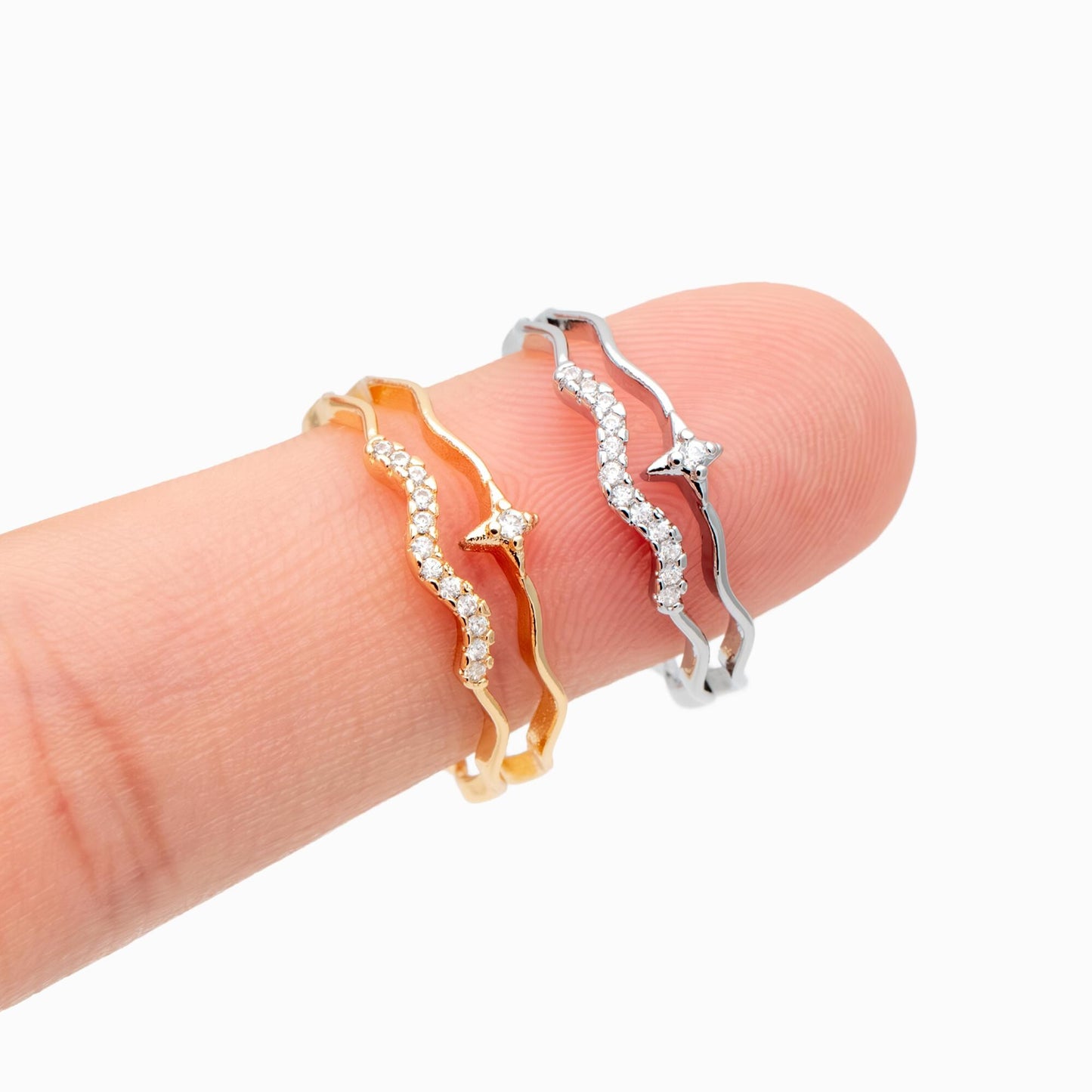 4pcs CZ Pave Gold/ Silver Cross Star Ring, Double Band Ring, Adjustable Ring, Minimalist Ring, Open Ring (JZ-010)