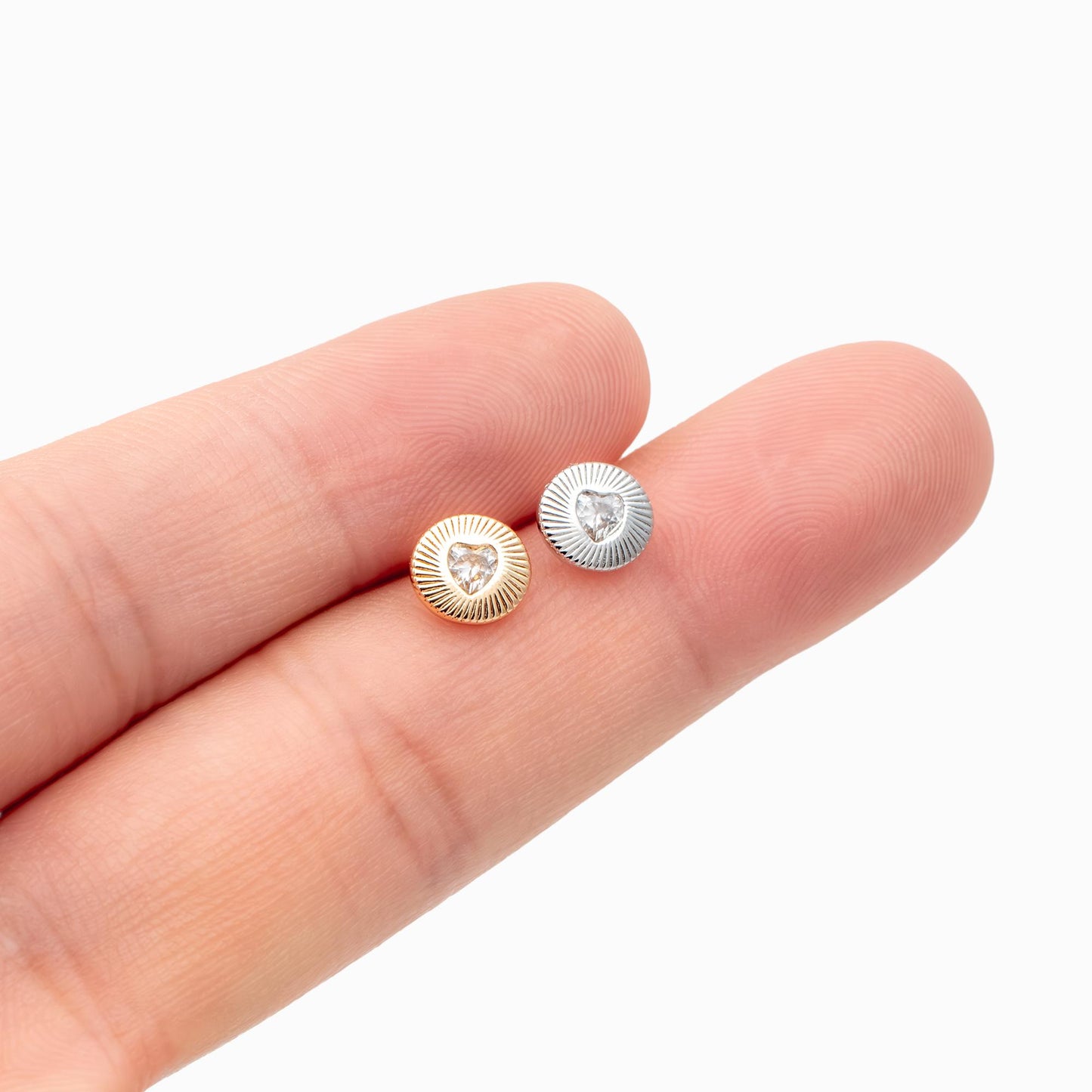 10pcs CZ Pave Heart Round Earrings, Gold/ Rhodium Plated Brass Dainty Stud Earrings (GB-4758)