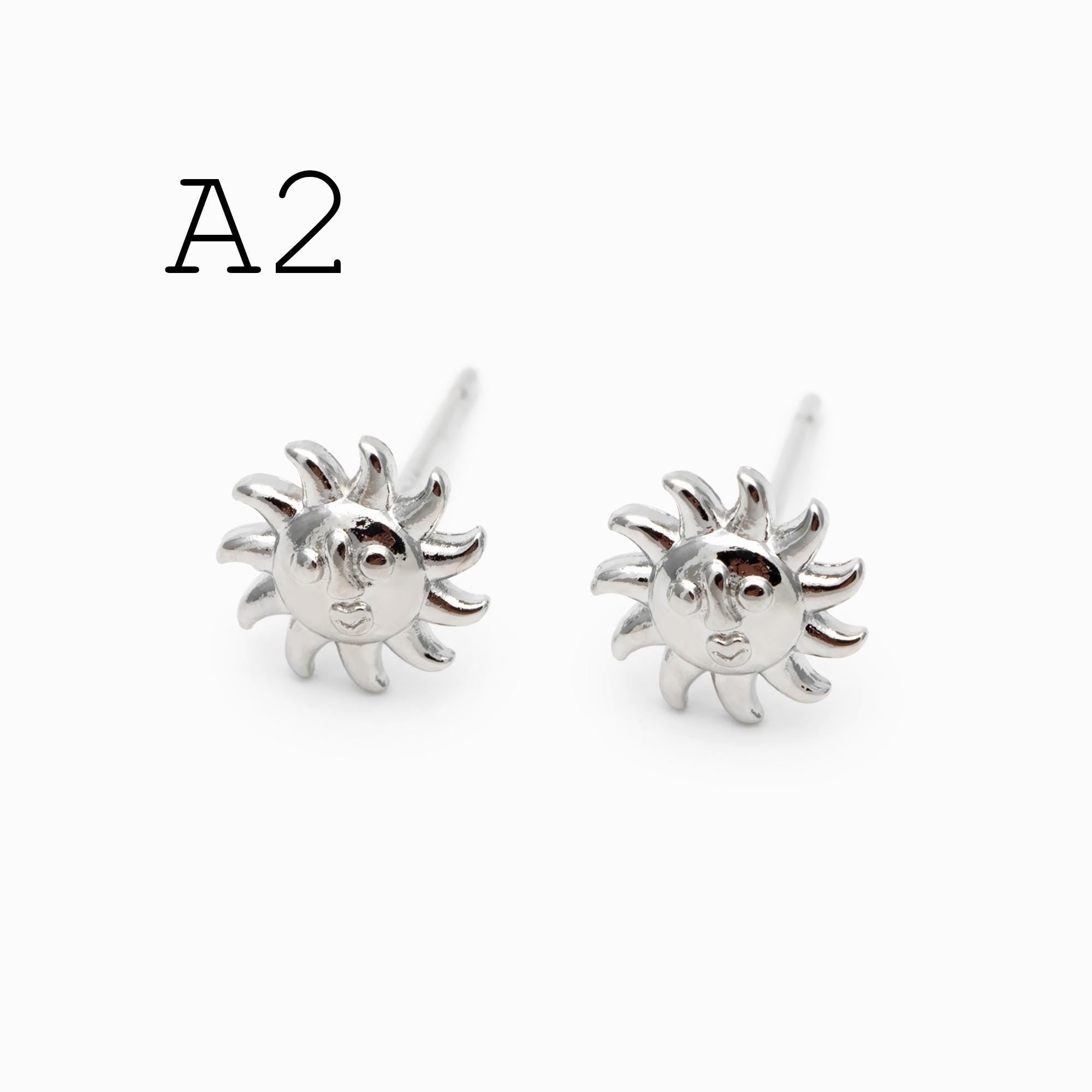 10pcs Gold/ Silver Tone Sun Moon Face Earrings, Real Gold/ Rhodium Plated Brass Stud Earrings (#GB-4760)