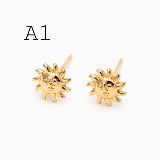 10pcs Gold/ Silver Tone Sun Moon Face Earrings, Real Gold/ Rhodium Plated Brass Stud Earrings (#GB-4760)