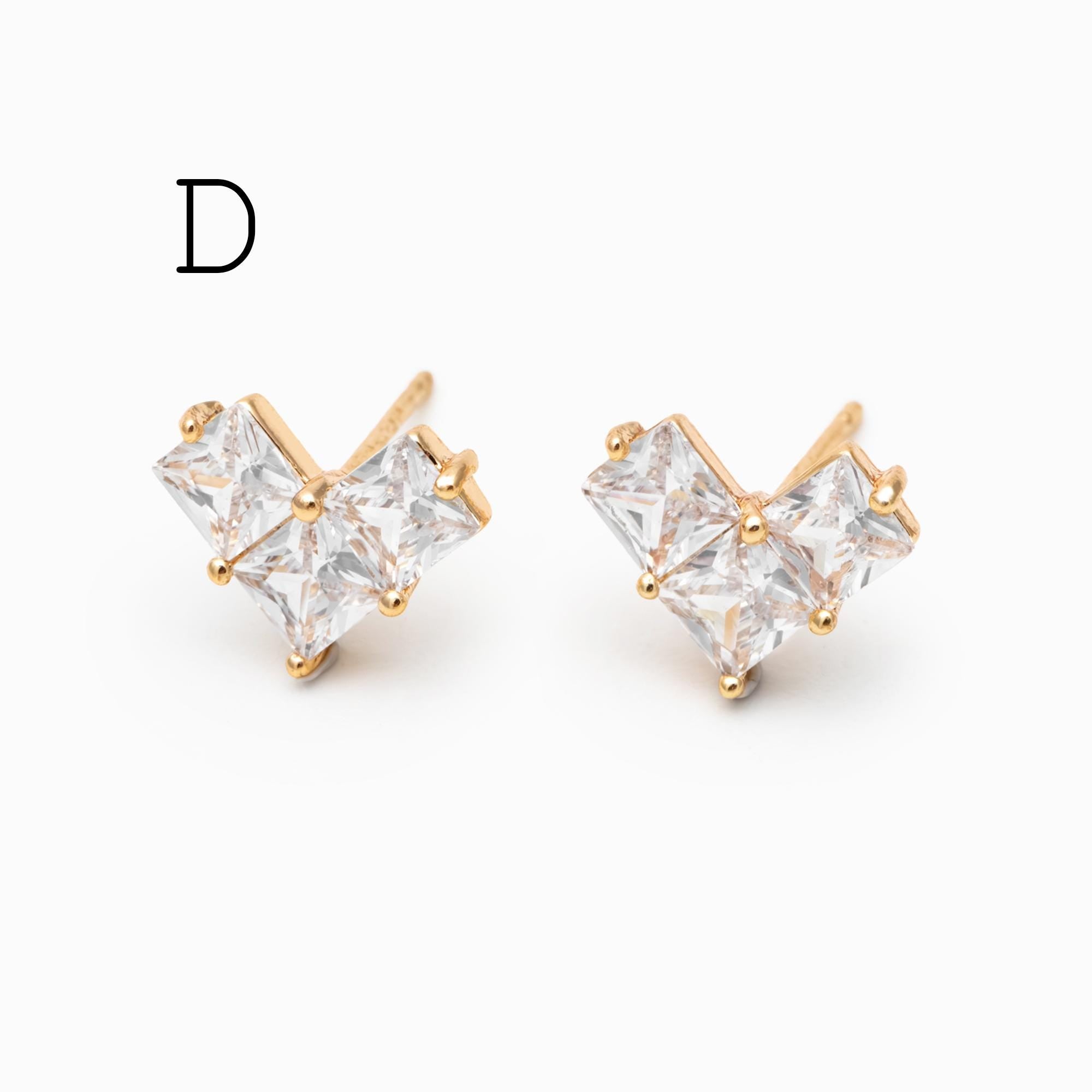 4pcs CZ Pave Heart Ear Posts, Gold Plated Brass Stud Earrings, Jewelry Findings, Wholesale Supplies (GB-3115)