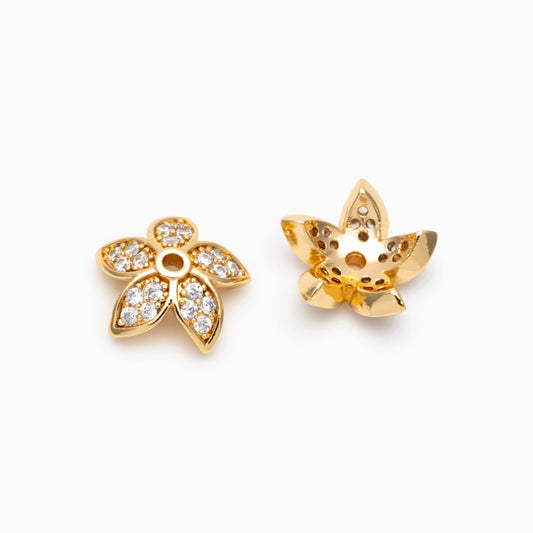 10pcs CZ Pave Gold/ Silver Flower Bead Caps 10mm, Real Gold/ Rhodium plated Brass, Lead Nickel Free (GB-4645)