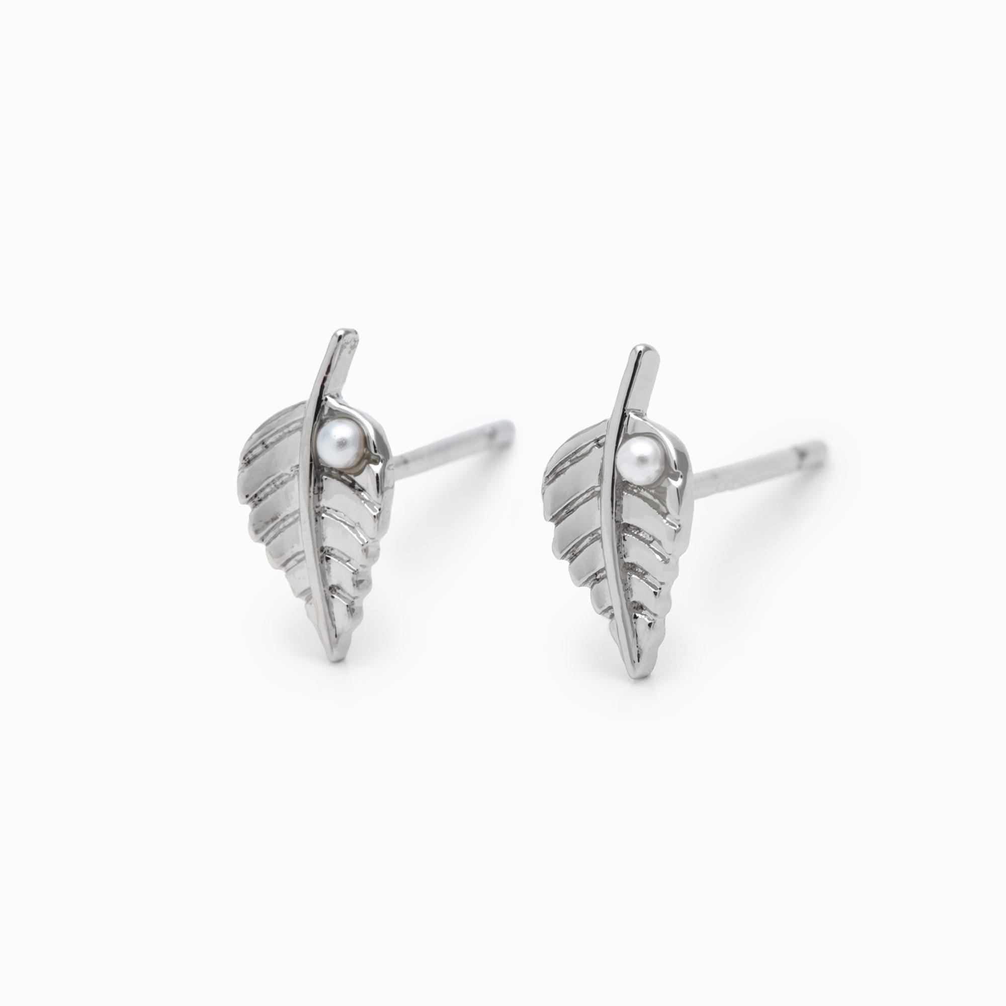 10pcs Faux Pearl Pave Gold/ Silver Leaf Earrings, 18K Real Gold/ Rhodium Plated Brass, Dainty Stud Earrings (GB-3381-H)