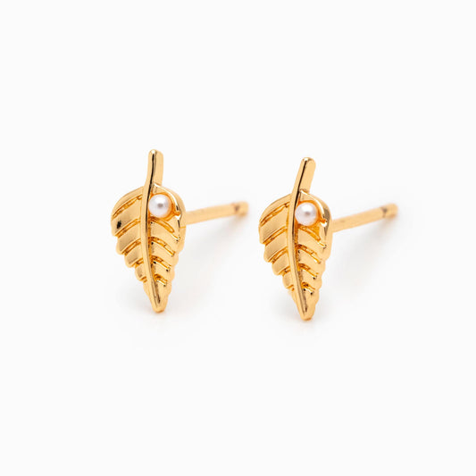 10pcs Faux Pearl Pave Gold/ Silver Leaf Earrings, 18K Real Gold/ Rhodium Plated Brass, Dainty Stud Earrings (GB-3381-H)