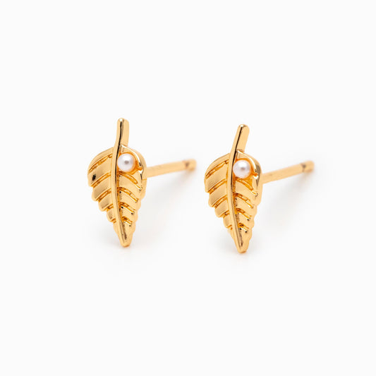 10pcs Faux Pearl Pave Gold/ Silver Leaf Earrings, 18K Real Gold/ Rhodium Plated Brass, Dainty Stud Earrings (GB-3381-H)
