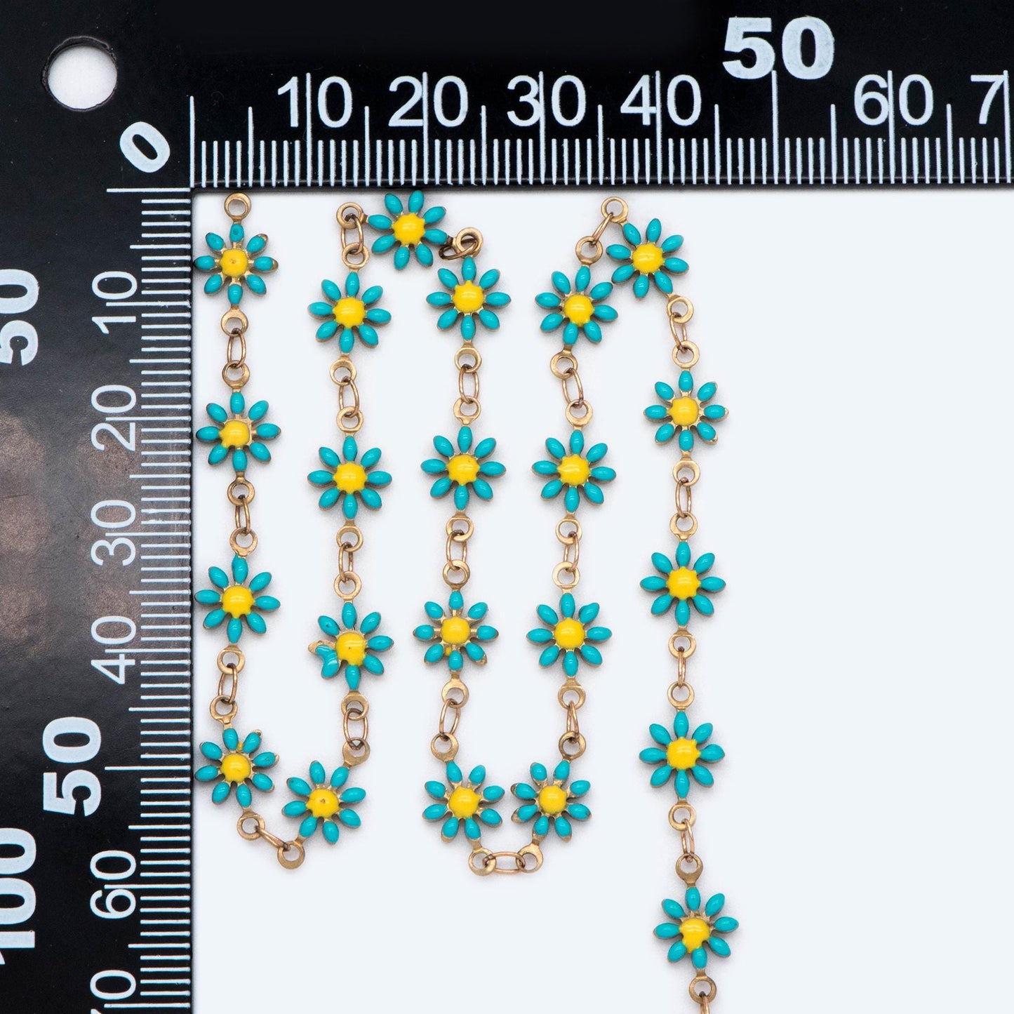 Enamel Flower Chain, Daisy Chain, Unplated Raw Brass Designer Chain 6mm, Floral Link Chain Findings, White (#LK-461-1)/ 1 Meter=3.3ft