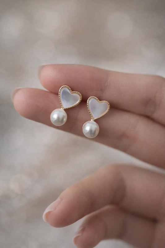 4pcs Shell Pave Gold Heart Glass Pearl Earrings (GB-4374)
