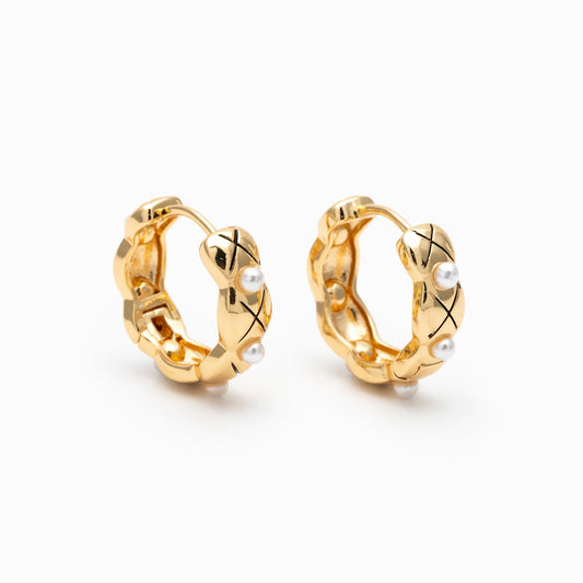 4pcs Faux Pearl Hoop Earrings, 18K Gold/ Rhodium plated Brass, Dainty Circle Huggies (GB-4749)