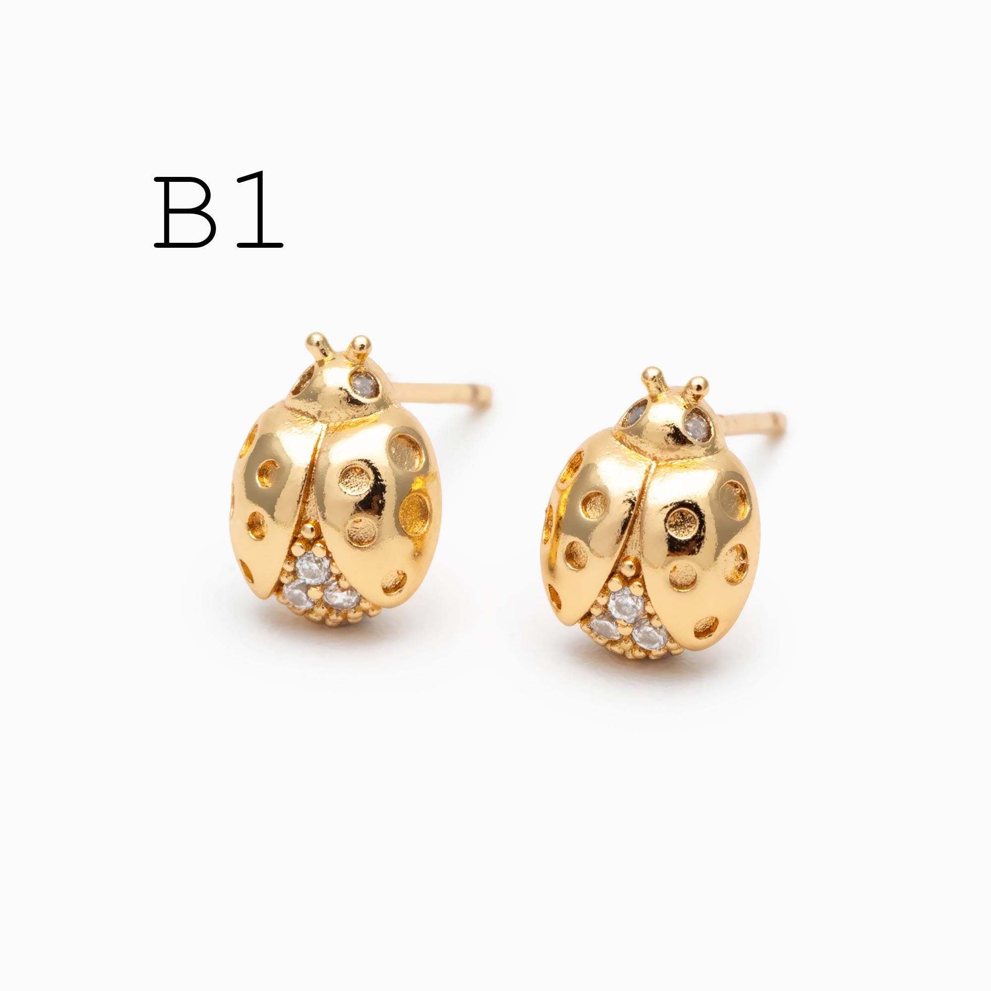 10pcs CZ Pave Flower/ Ladybug Earrings, Gold/ Rhodium plated Brass Dainty Stud Earrings (GB-4765)
