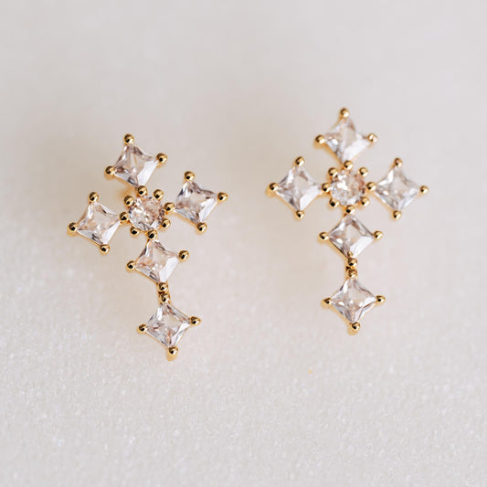 4pcs CZ Pave Gold Cross Earrings, 14K Gold Plated Brass Dainty Cross Stud Earring (#GB-3637-F)