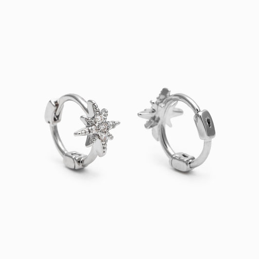 4pcs CZ Pave North Star Hoop Earrings, 18K Gold/ Rhodium plated Huggie Earrings 10mm (GB-4729)
