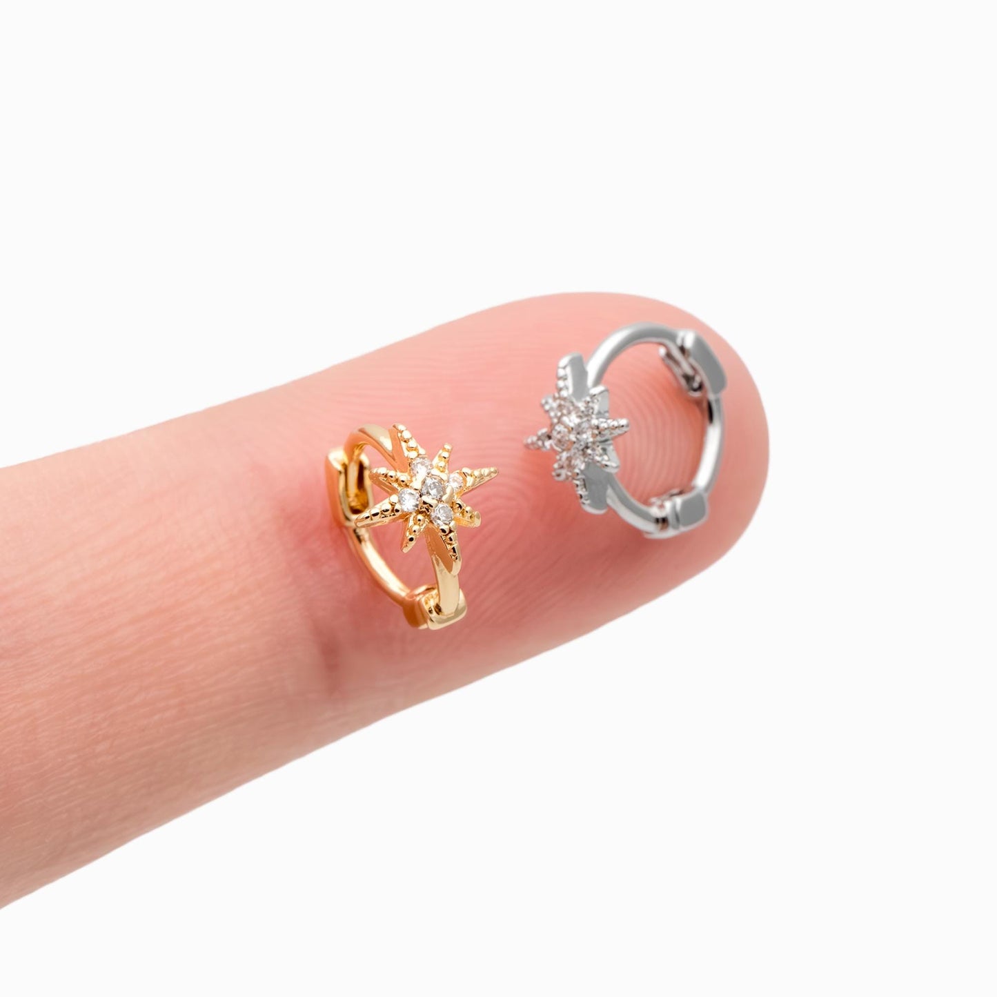 4pcs CZ Pave North Star Hoop Earrings, 18K Gold/ Rhodium plated Huggie Earrings 10mm (GB-4729)