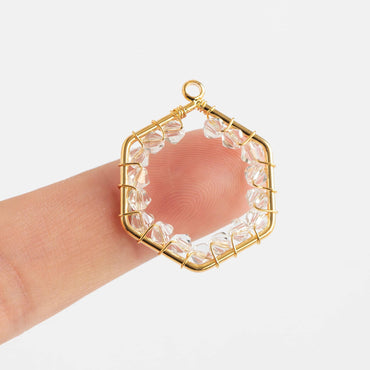 10pcs Gold Beaded Hexagonal Charms , Wired Crystal Beads Geometric Pendants, Dangle Earring Components (GB-552-F)