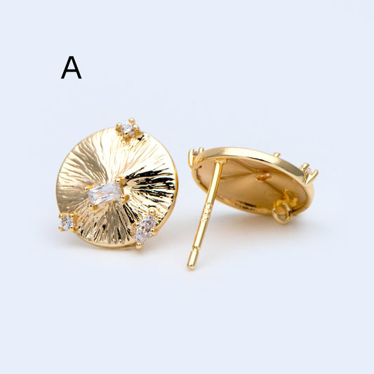 10pcs Gold Round/ Heart Earring with Loop, 18K Gold plated Brass, CZ pave Stud Earring Components (GB-1640)
