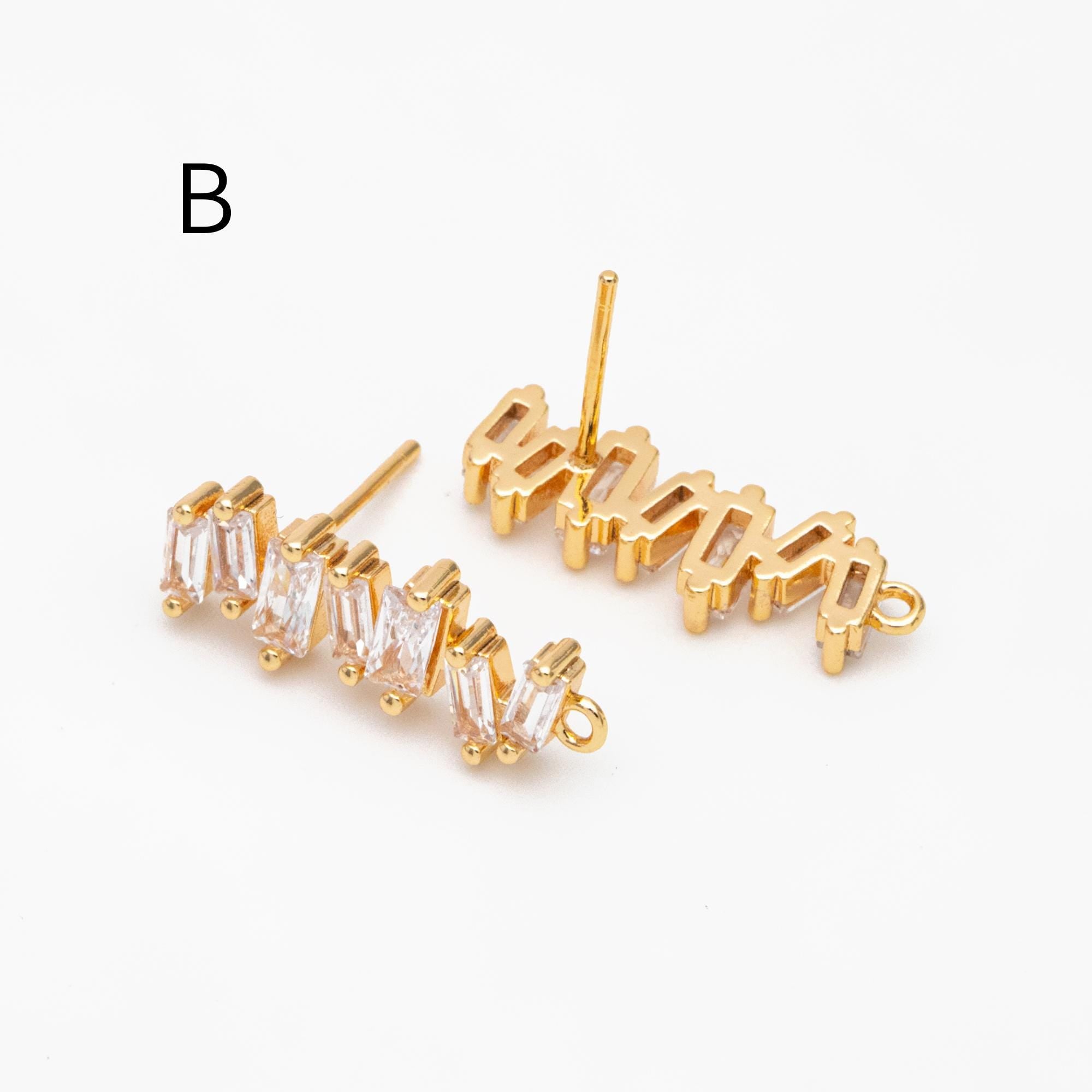 4pcs CZ Pave Irregular Earring Studs with Loop, 18K Gold plated Brass Ear Posts, Dainty Earring Findings (#GB-3619)