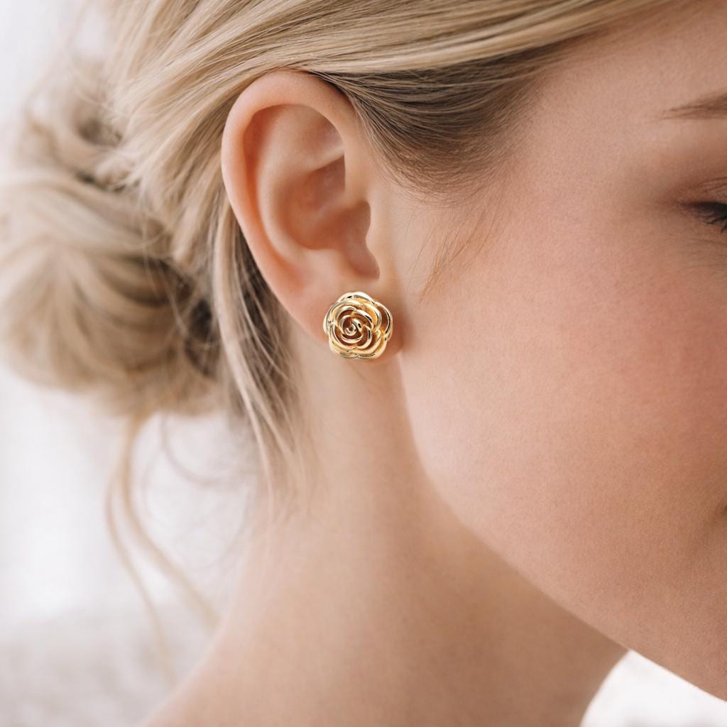 4pcs Gold/ Silver Tone Camellia Earrings, 10mm, Gold/ Rhodium Plated Brass, Flower Stud Earrings (GB-4626)