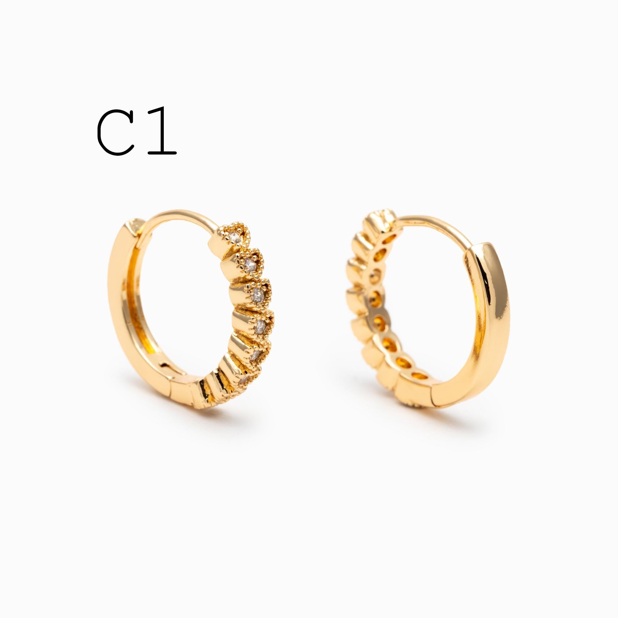 4pcs CZ Pave Gold/ Silver Tone Hoop Earrings, Gold/ Rhodium plated Brass, Dainty Round Huggie Earrings (GB-4770)
