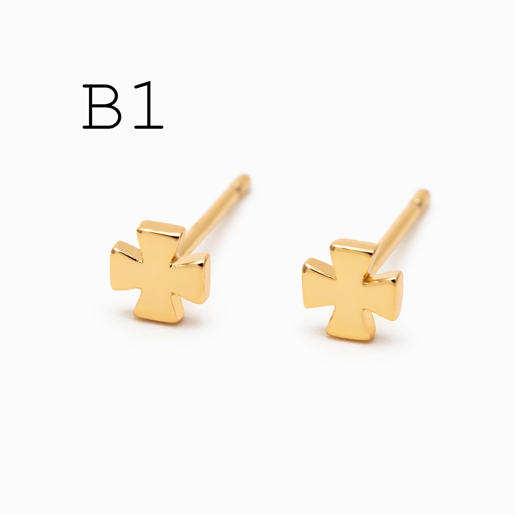 10pcs Gold/ Silver Tone Cross Earrings, Gold/ Rhodium Plated Brass Small Cross Stud Earring (#GB-4742)