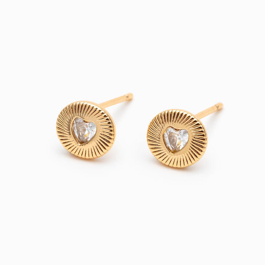 10pcs CZ Pave Heart Round Earrings, Gold/ Rhodium Plated Brass Dainty Stud Earrings (GB-4758)
