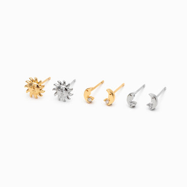 10pcs Gold/ Silver Tone Sun Moon Face Earrings, Real Gold/ Rhodium Plated Brass Stud Earrings (#GB-4760)