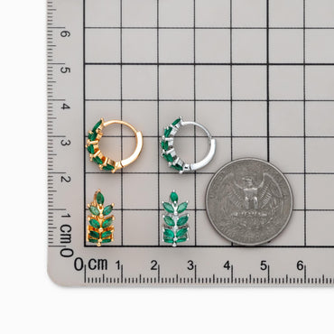 4pcs CZ Pave Emerald Leaf Hoop Earrings, 18K Real Gold/ Rhodium Plated Brass, Dainty Huggie Earrings (GB-4762)