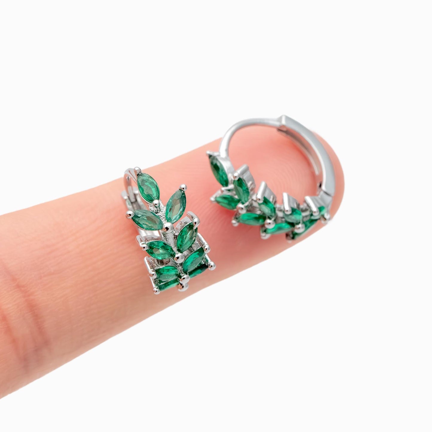 4pcs CZ Pave Emerald Leaf Hoop Earrings, 18K Real Gold/ Rhodium Plated Brass, Dainty Huggie Earrings (GB-4762)