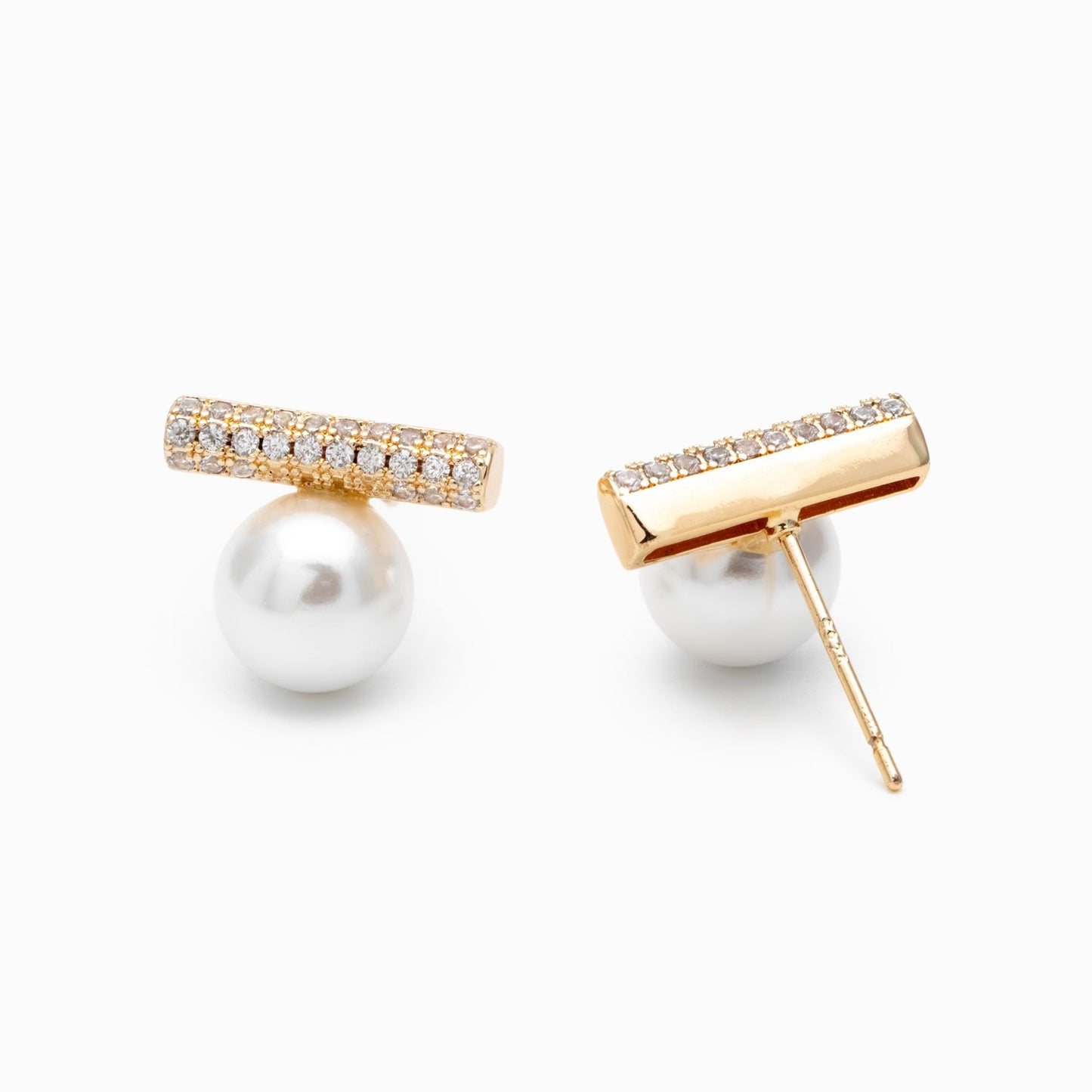 4pcs CZ Pave Gold Bar Earrings, Pearl Earring Mounts, Half Drilled Pearls Earring Settings (GB-4279)