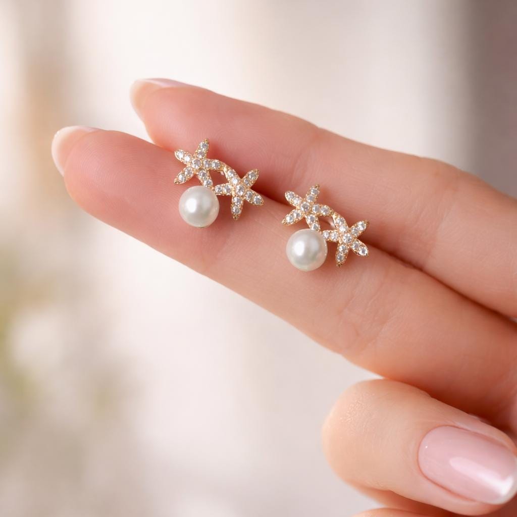 4pcs Gold CZ Pave Flower Glass Pearl Earring, Star Earring (#GB-4276)