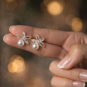 4pcs CZ Pave Gold Flower Earrings, Pearl Peg Earring Mounts, Foral Stud Earrings with Peg (GB-3083)