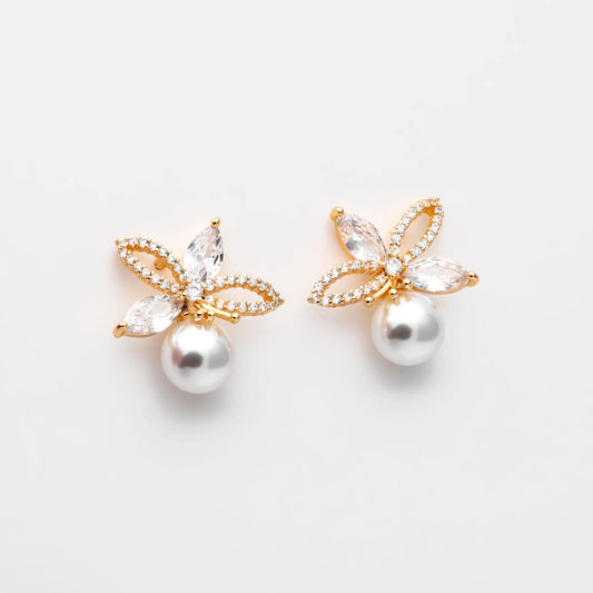 4pcs CZ Pave Gold Flower Earrings, Pearl Peg Earring Mounts, Foral Stud Earrings with Peg (GB-3083)