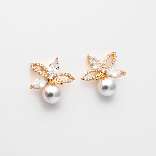 4pcs CZ Pave Gold Flower Earrings, Pearl Peg Earring Mounts, Foral Stud Earrings with Peg (GB-3083)
