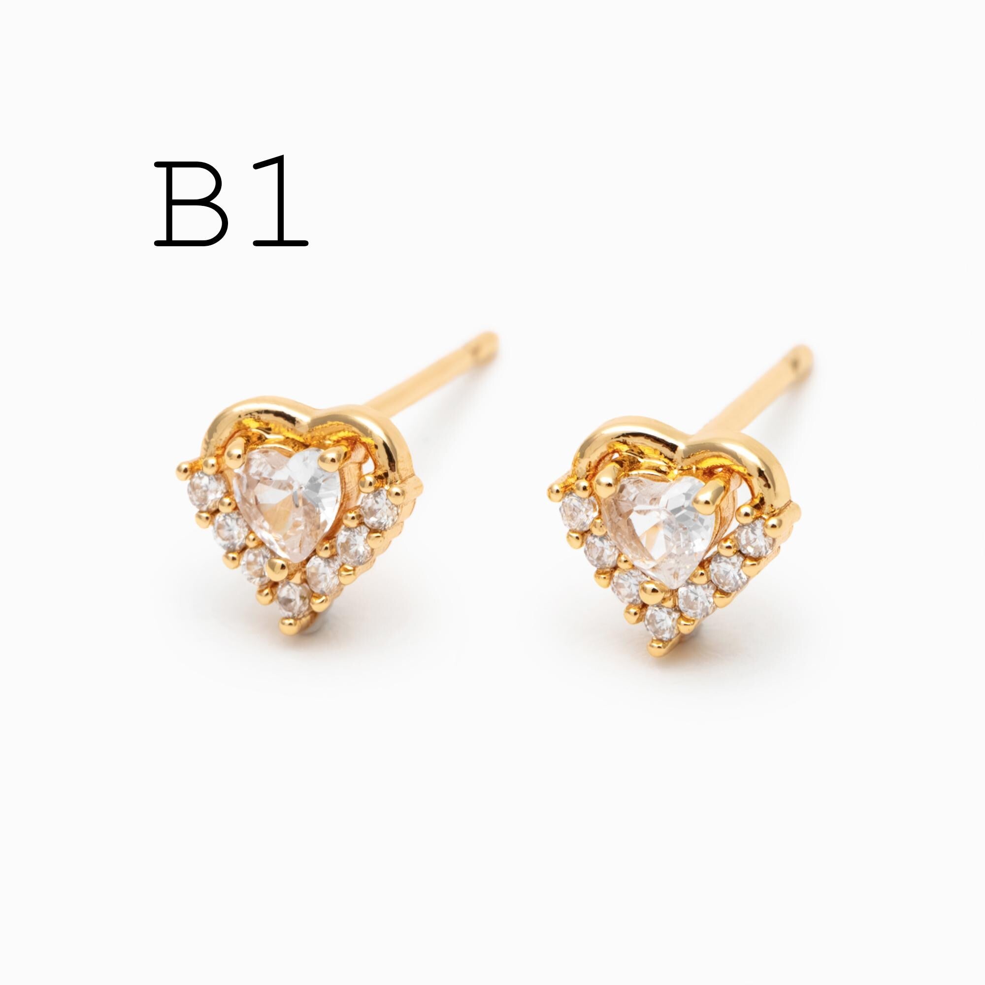 4pcs CZ Pave Heart Ear Posts, Gold Plated Brass Stud Earrings, Jewelry Findings, Wholesale Supplies (GB-3115)
