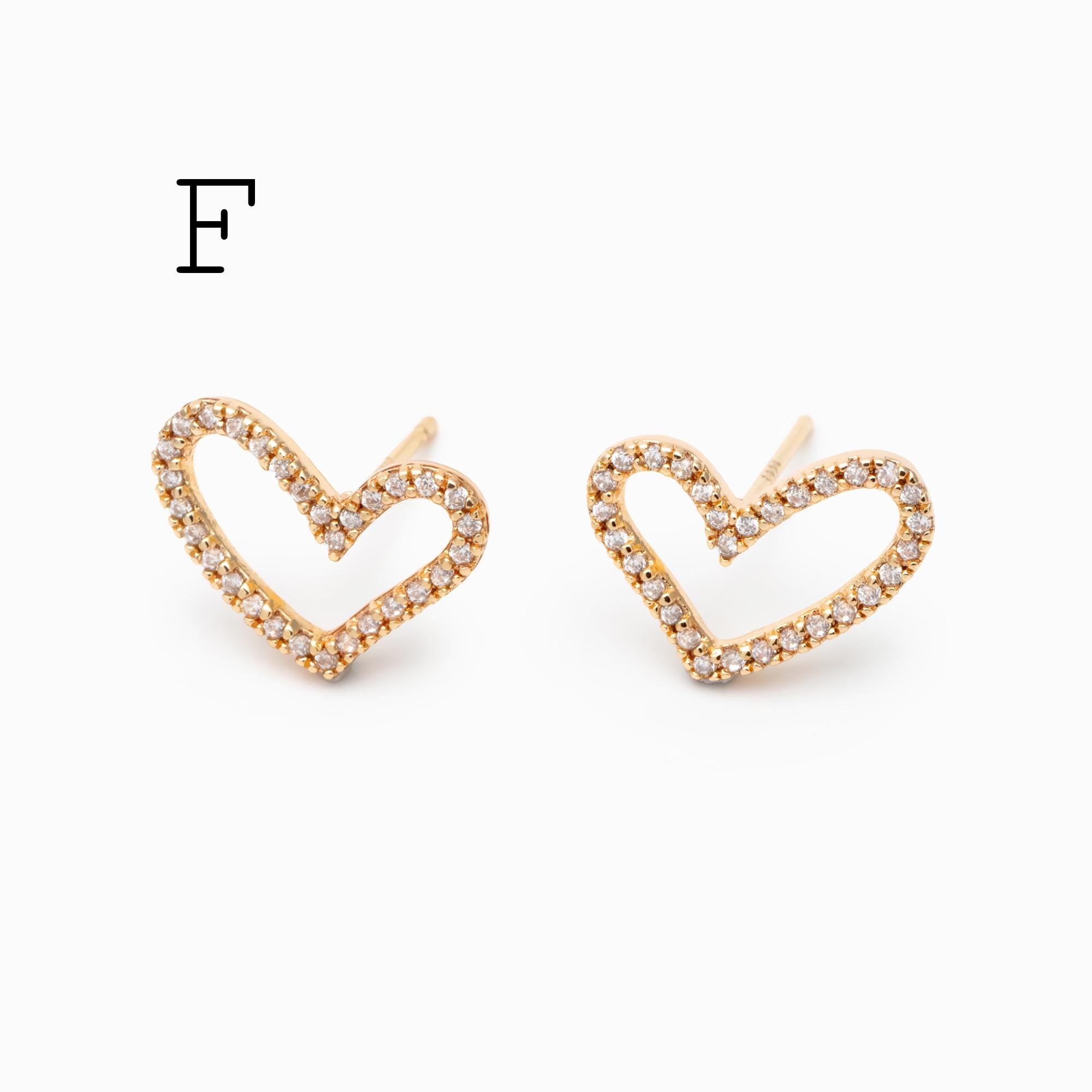 4pcs CZ Pave Heart Ear Posts, Gold Plated Brass Stud Earrings, Jewelry Findings, Wholesale Supplies (GB-3115)