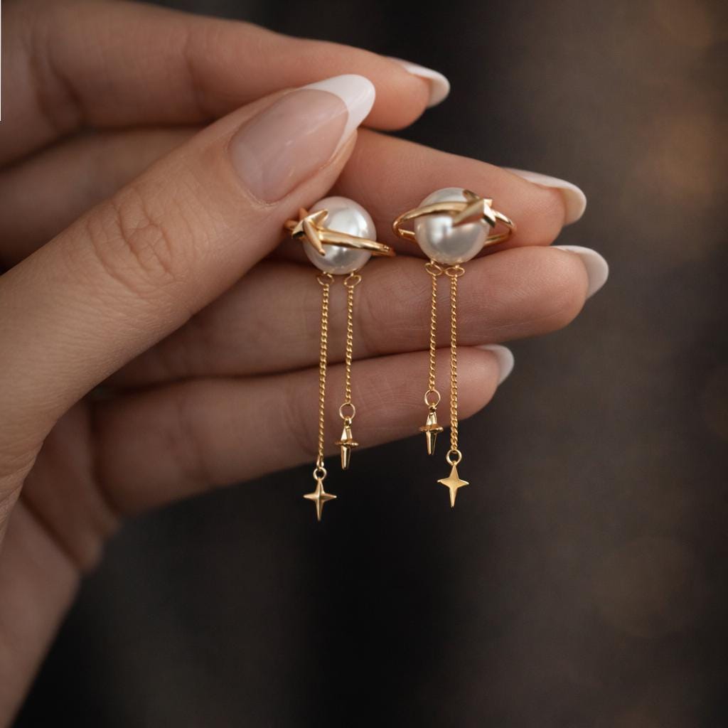 4pcs Gold Saturn Star Stud Earring, Glass Pearl & Star Drop Earrings (#GB-2942)